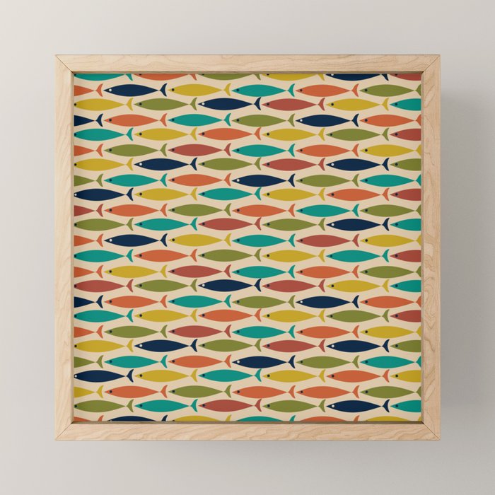 Midcentury Modern Multicolor Fish Pattern in Olive, Mustard, Orange, Teal, Beige Mini Art Print Gallery Image 1