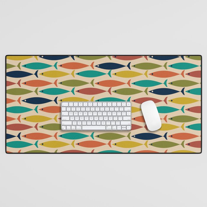 Midcentury Modern Multicolor Fish Pattern in Olive, Mustard, Orange, Teal, Beige Desk Mat Gallery Image 1