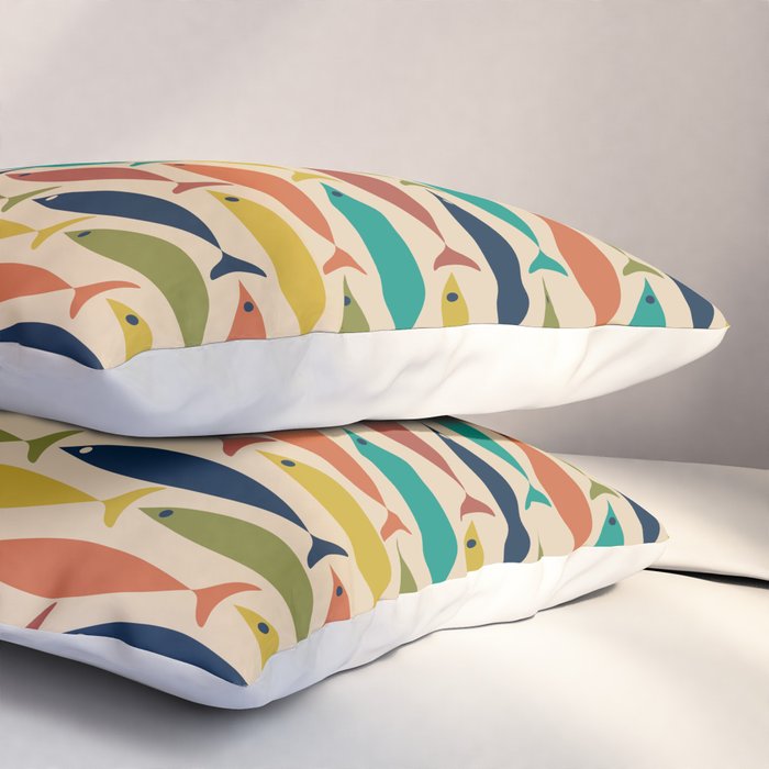Midcentury Modern Multicolor Fish Pattern in Olive, Mustard, Orange, Teal, Beige Pillow Sham Gallery Image 3