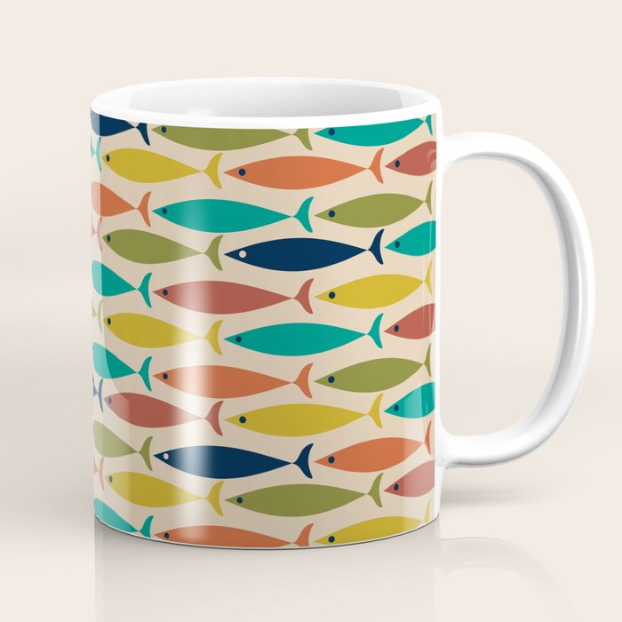 Midcentury Modern Multicolor Fish Pattern in Olive, Mustard, Orange, Teal, Beige Coffee Mug Gallery Image 1