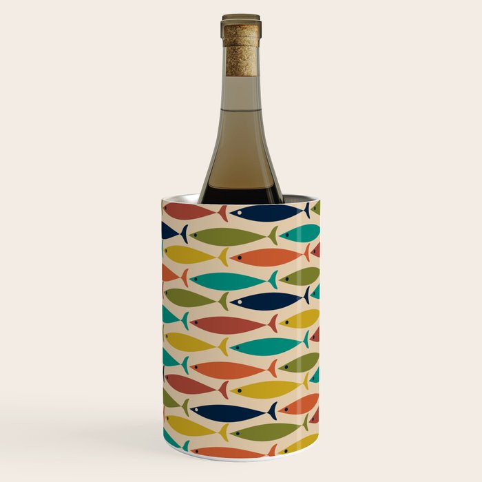 Midcentury Modern Multicolor Fish Pattern in Olive, Mustard, Orange, Teal, Beige Wine Chiller Gallery Image 3