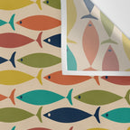 Midcentury Modern Multicolor Fish Pattern in Olive, Mustard, Orange, Teal, Beige Wall Tapestry Gallery Image 3