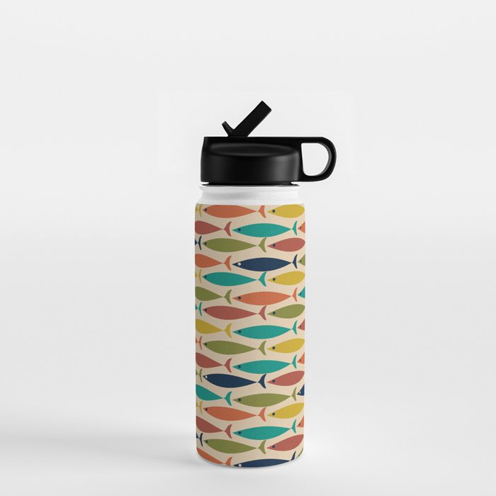Midcentury Modern Multicolor Fish Pattern in Olive, Mustard, Orange, Teal, Beige Water Bottle Gallery Image 1