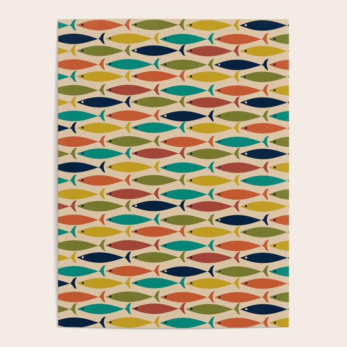 Midcentury Modern Multicolor Fish Pattern in Olive, Mustard, Orange, Teal, Beige Poster Gallery Image 1
