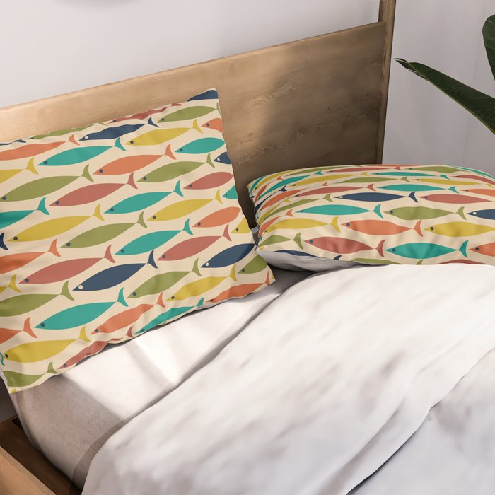 Midcentury Modern Multicolor Fish Pattern in Olive, Mustard, Orange, Teal, Beige Pillow Sham Gallery Image 2