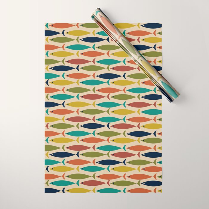 Midcentury Modern Multicolor Fish Pattern in Olive, Mustard, Orange, Teal, Beige Wrapping Paper Gallery Image 1