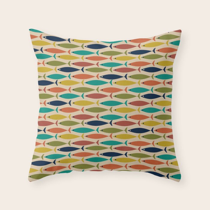 Midcentury Modern Multicolor Fish Pattern in Olive, Mustard, Orange, Teal, Beige Throw Pillow Gallery Image 1