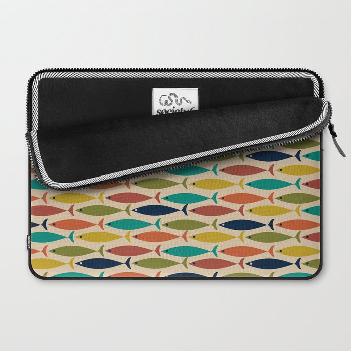 Midcentury Modern Multicolor Fish Pattern in Olive, Mustard, Orange, Teal, Beige Laptop Sleeve Gallery Image 2