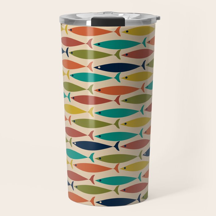 Midcentury Modern Multicolor Fish Pattern in Olive, Mustard, Orange, Teal, Beige Travel Mug Gallery Image 1