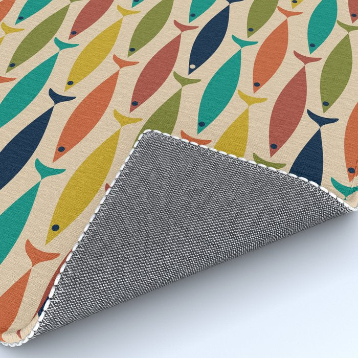 Midcentury Modern Multicolor Fish Pattern in Olive, Mustard, Orange, Teal, Beige Rug Gallery Image 4