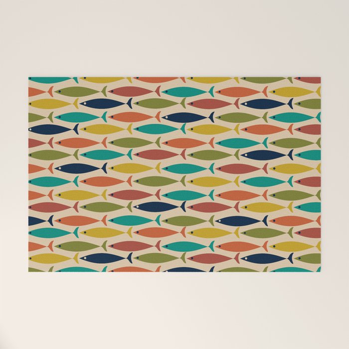 Midcentury Modern Multicolor Fish Pattern in Olive, Mustard, Orange, Teal, Beige Welcome Mat Gallery Image 1
