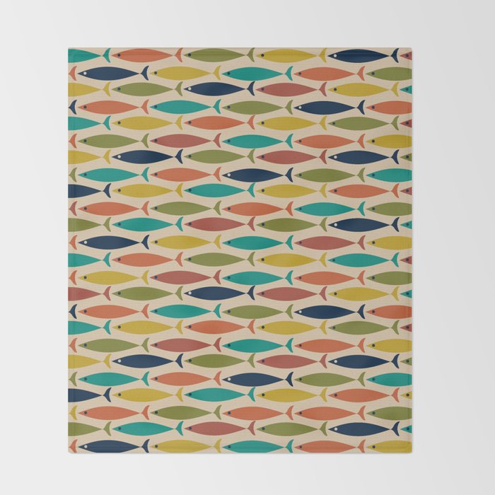 Midcentury Modern Multicolor Fish Pattern in Olive, Mustard, Orange, Teal, Beige Throw Blanket Gallery Image 2