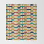 Midcentury Modern Multicolor Fish Pattern in Olive, Mustard, Orange, Teal, Beige Throw Blanket Gallery Image 2