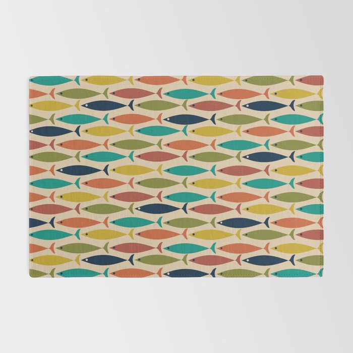 Midcentury Modern Multicolor Fish Pattern in Olive, Mustard, Orange, Teal, Beige Rug Gallery Image 2
