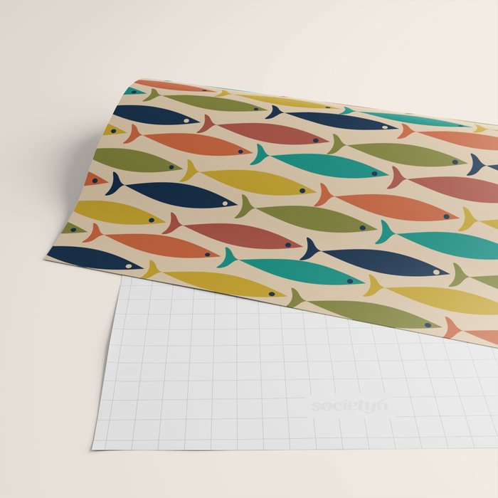 Midcentury Modern Multicolor Fish Pattern in Olive, Mustard, Orange, Teal, Beige Wrapping Paper Gallery Image 2