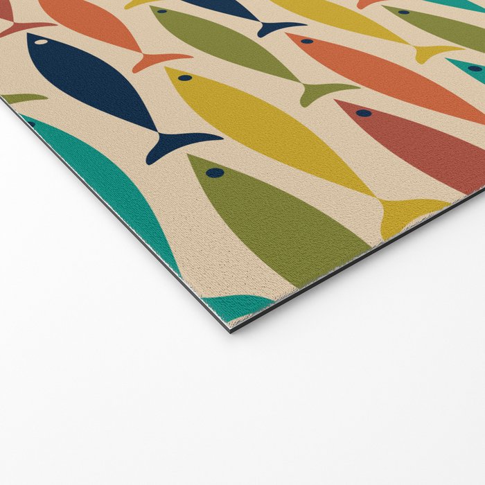 Midcentury Modern Multicolor Fish Pattern in Olive, Mustard, Orange, Teal, Beige Welcome Mat Gallery Image 2