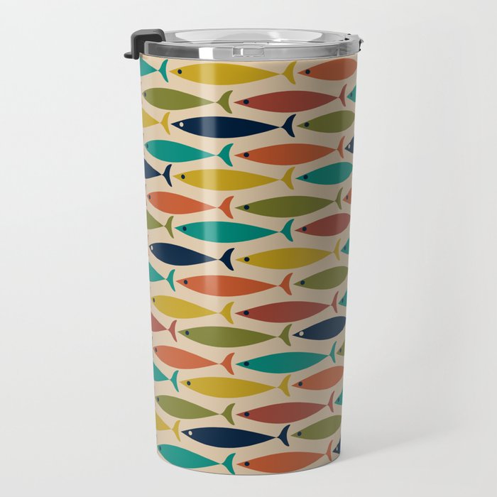 Midcentury Modern Multicolor Fish Pattern in Olive, Mustard, Orange, Teal, Beige Travel Mug Gallery Image 3