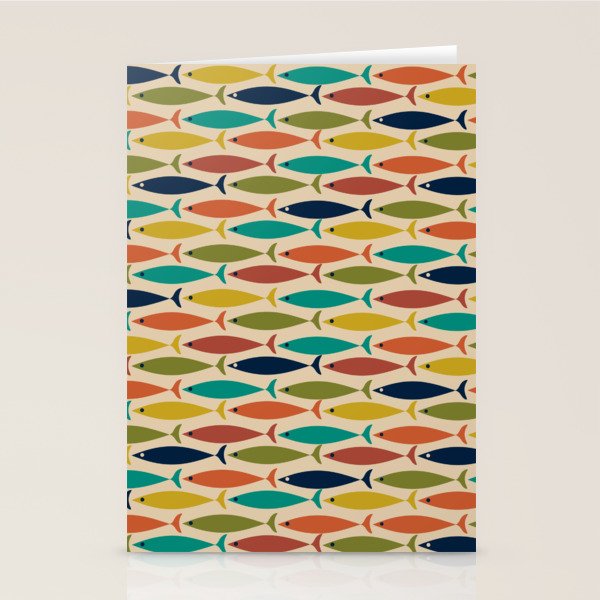 Midcentury Modern Multicolor Fish Pattern in Olive, Mustard, Orange, Teal, Beige Stationery Card Gallery Image 2