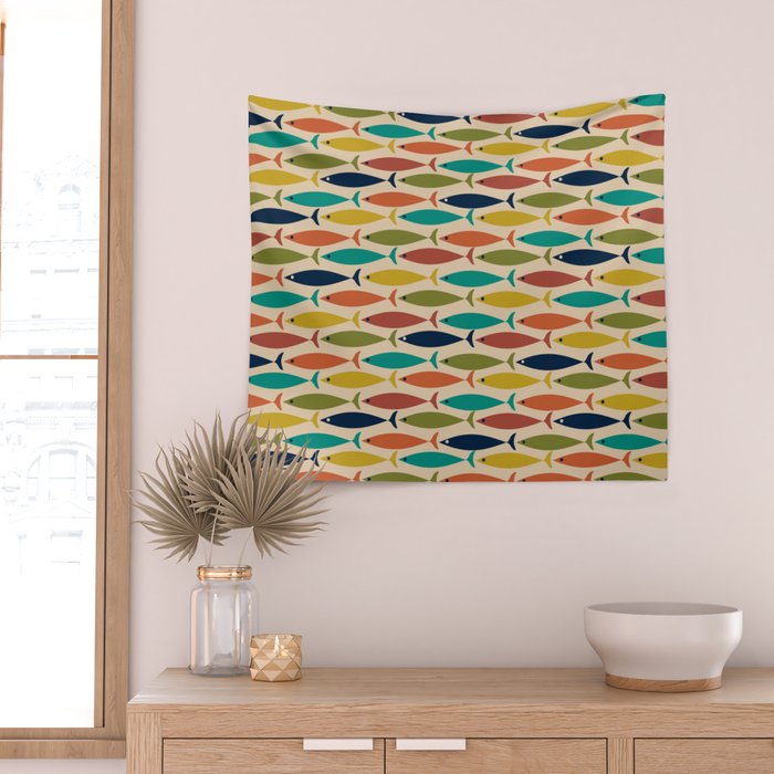 Midcentury Modern Multicolor Fish Pattern in Olive, Mustard, Orange, Teal, Beige Wall Tapestry Gallery Image 2