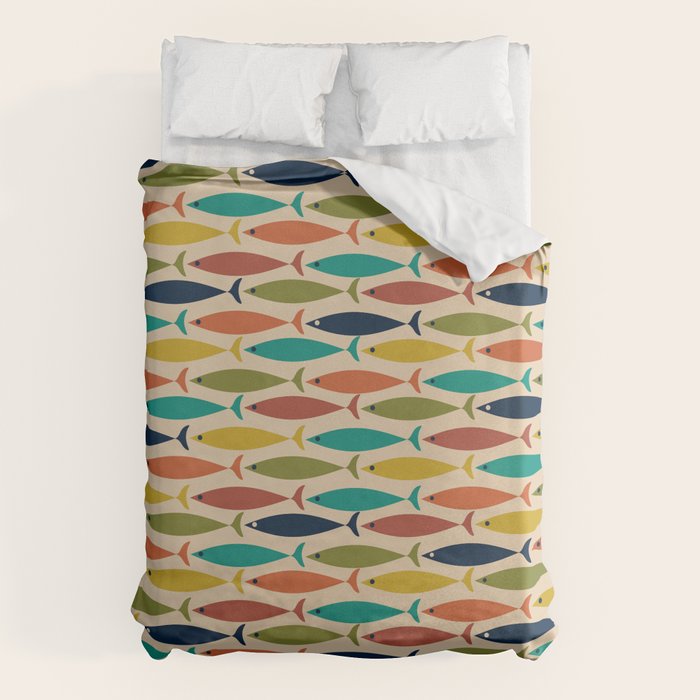 Midcentury Modern Multicolor Fish Pattern in Olive, Mustard, Orange, Teal, Beige Duvet Cover Gallery Image 1