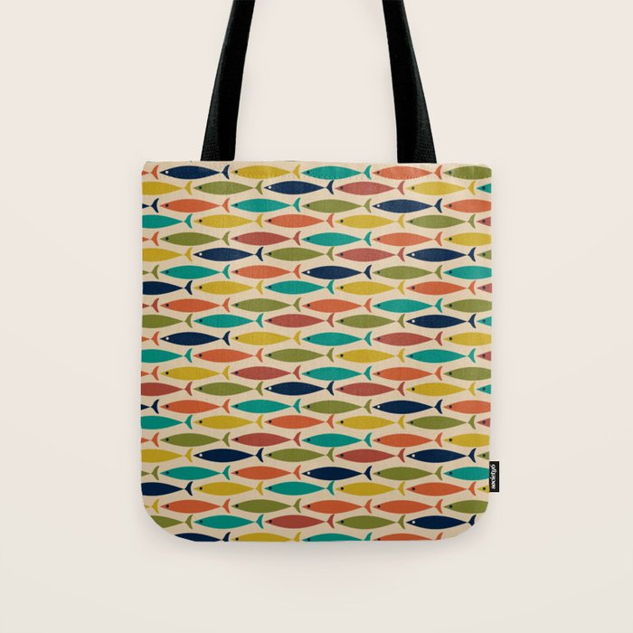 Midcentury Modern Multicolor Fish Pattern in Olive, Mustard, Orange, Teal, Beige Tote Bag Gallery Image 1