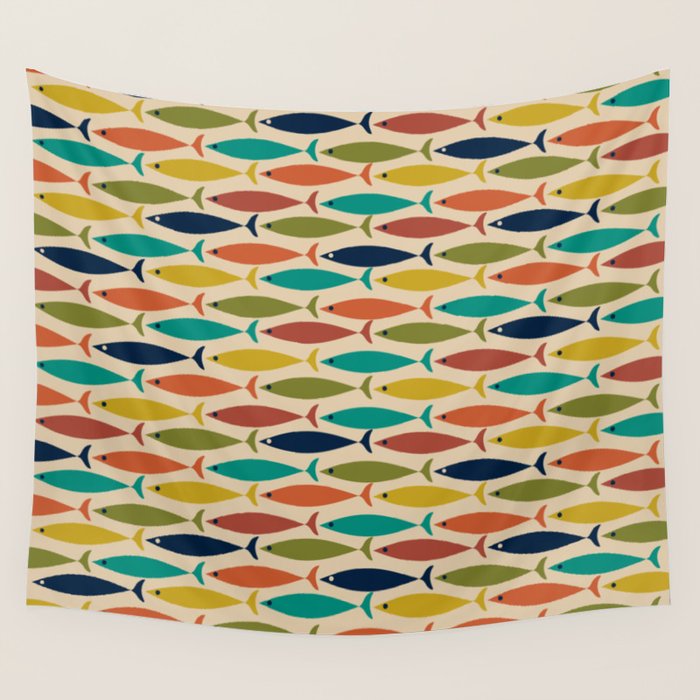 Midcentury Modern Multicolor Fish Pattern in Olive, Mustard, Orange, Teal, Beige Wall Tapestry Gallery Image 4