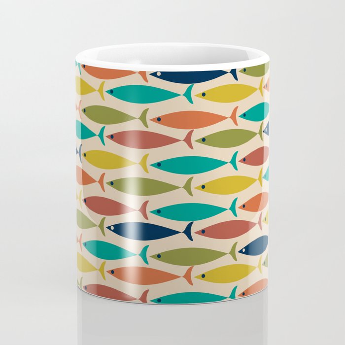 Midcentury Modern Multicolor Fish Pattern in Olive, Mustard, Orange, Teal, Beige Coffee Mug Gallery Image 4