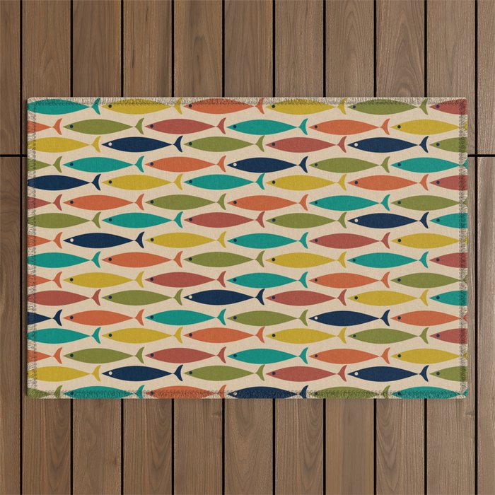Midcentury Modern Multicolor Fish Pattern in Olive, Mustard, Orange, Teal, Beige Outdoor Rug Gallery Image 1