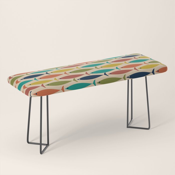 Midcentury Modern Multicolor Fish Pattern in Olive, Mustard, Orange, Teal, Beige Bench Gallery Image 1