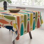 Midcentury Modern Multicolor Fish Pattern in Olive, Mustard, Orange, Teal, Beige Tablecloth Gallery Image 3