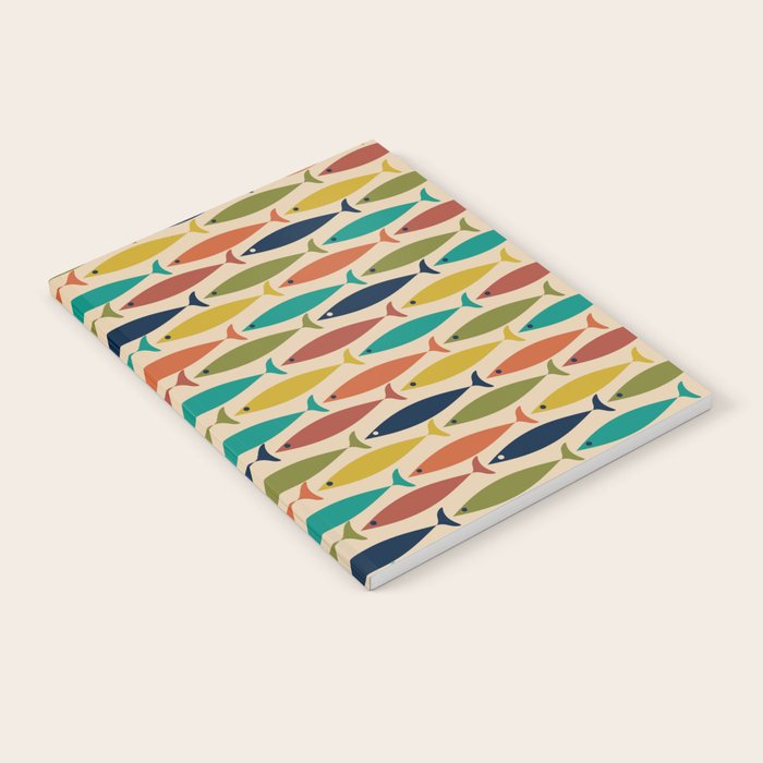 Midcentury Modern Multicolor Fish Pattern in Olive, Mustard, Orange, Teal, Beige Notebook Gallery Image 1