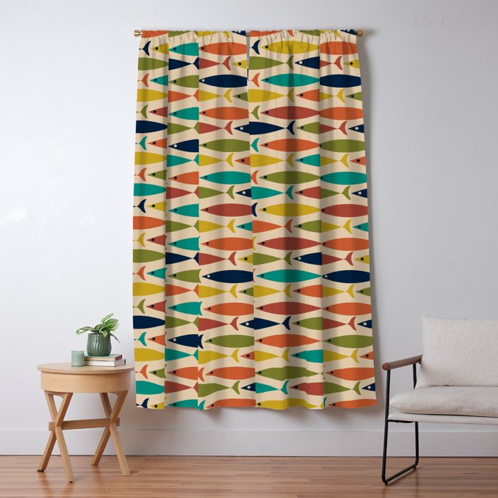 Midcentury Modern Multicolor Fish Pattern in Olive, Mustard, Orange, Teal, Beige Window Curtain Gallery Image 5