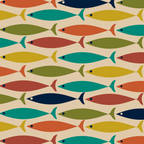 Midcentury Modern Multicolor Fish Pattern in Olive, Mustard, Orange, Teal, Beige Coffee Mug Gallery Image 2