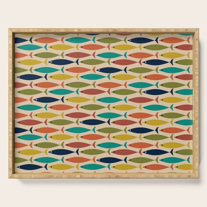 Midcentury Modern Multicolor Fish Pattern in Olive, Mustard, Orange, Teal, Beige Serving Tray Gallery Image 1