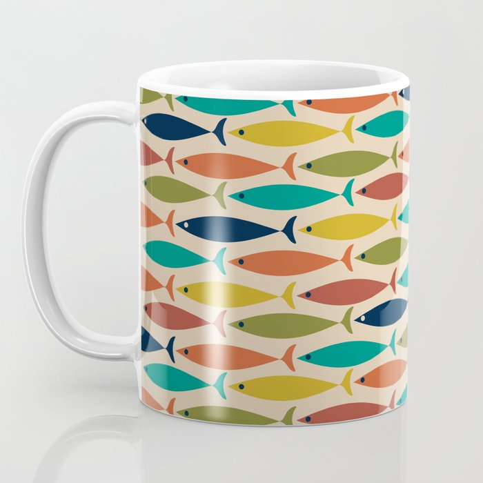Midcentury Modern Multicolor Fish Pattern in Olive, Mustard, Orange, Teal, Beige Coffee Mug Gallery Image 3