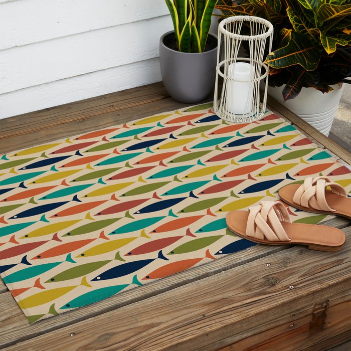 Midcentury Modern Multicolor Fish Pattern in Olive, Mustard, Orange, Teal, Beige Outdoor Rug Gallery Image 2