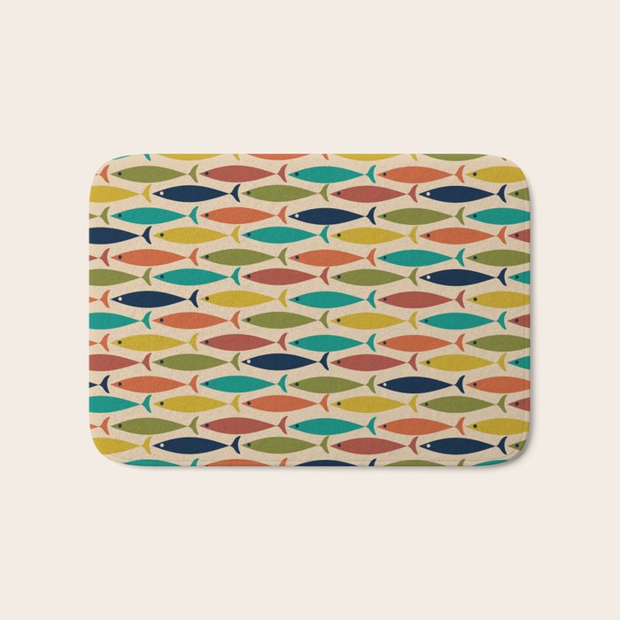 Midcentury Modern Multicolor Fish Pattern in Olive, Mustard, Orange, Teal, Beige Bath Mat Gallery Image 1