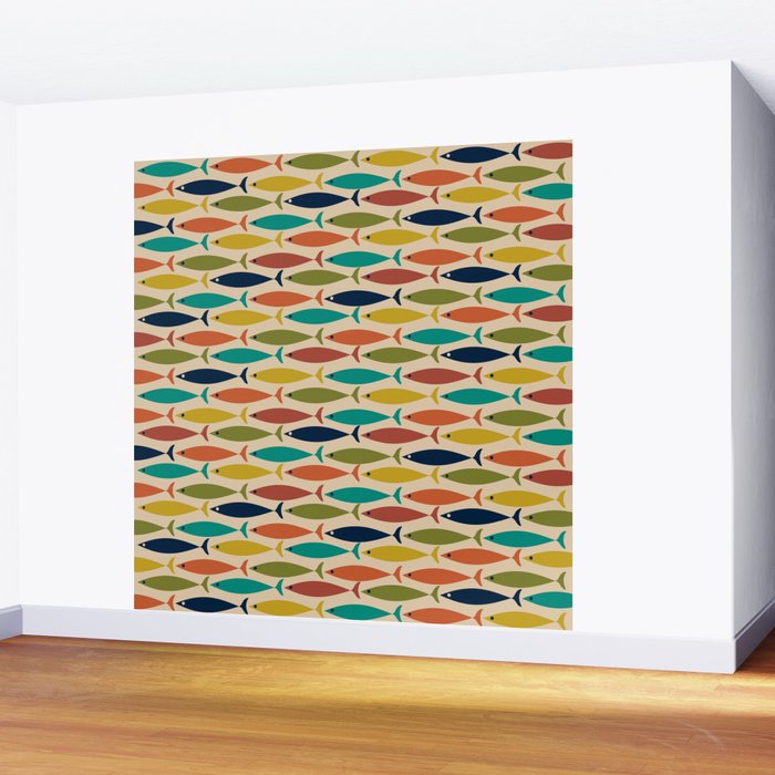 Midcentury Modern Multicolor Fish Pattern in Olive, Mustard, Orange, Teal, Beige Wall Mural Gallery Image 2
