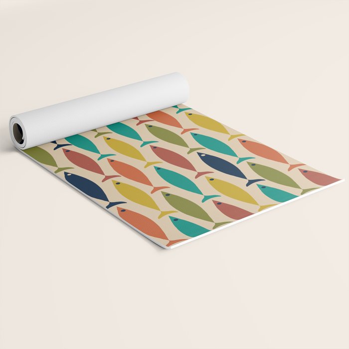 Midcentury Modern Multicolor Fish Pattern in Olive, Mustard, Orange, Teal, Beige Yoga Mat Gallery Image 2