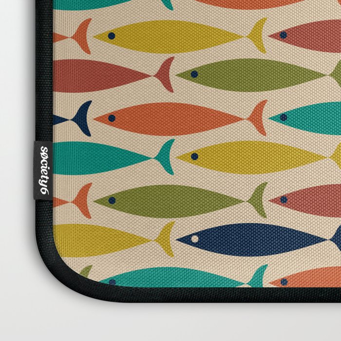 Midcentury Modern Multicolor Fish Pattern in Olive, Mustard, Orange, Teal, Beige Laptop Sleeve Gallery Image 3