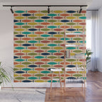 Midcentury Modern Multicolor Fish Pattern in Olive, Mustard, Orange, Teal, Beige Wall Mural Gallery Image 1