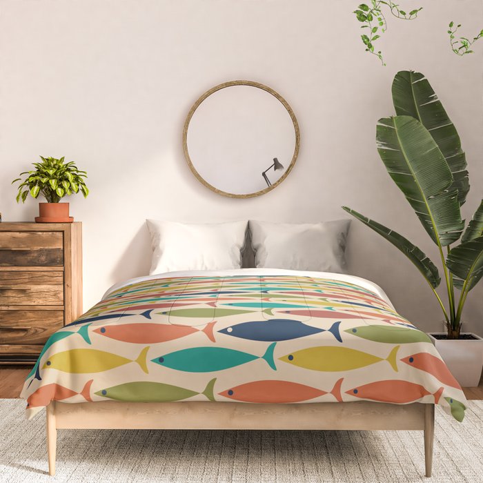 Midcentury Modern Multicolor Fish Pattern in Olive, Mustard, Orange, Teal, Beige Comforter Gallery Image 3