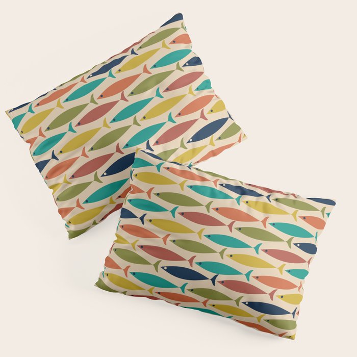 Midcentury Modern Multicolor Fish Pattern in Olive, Mustard, Orange, Teal, Beige Pillow Sham Gallery Image 3
