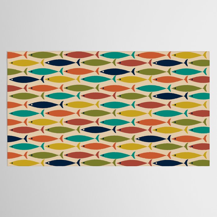 Midcentury Modern Multicolor Fish Pattern in Olive, Mustard, Orange, Teal, Beige Tablecloth Gallery Image 2