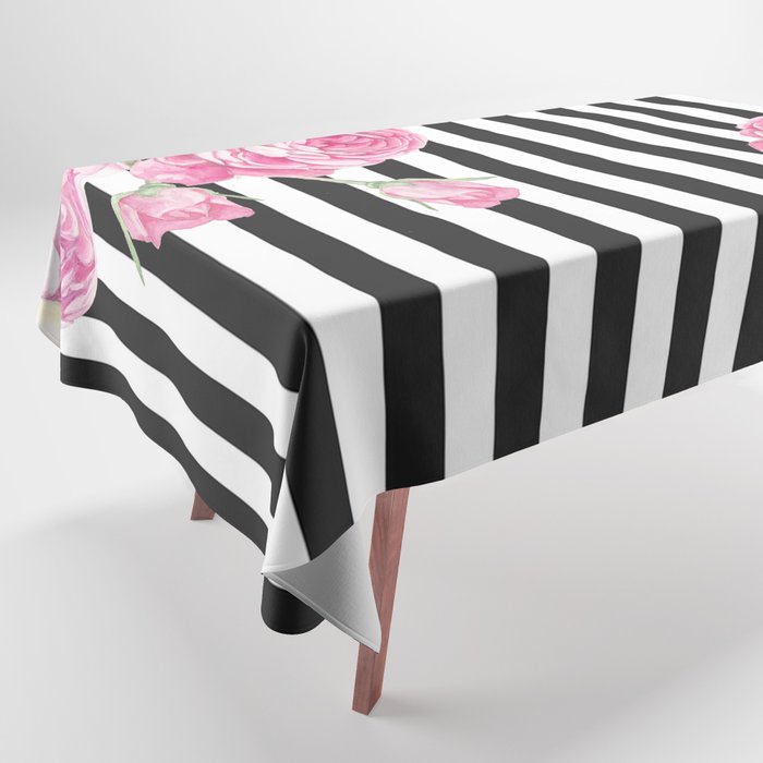 Black white blush pink watercolor floral stripes Tablecloth Gallery Image 1