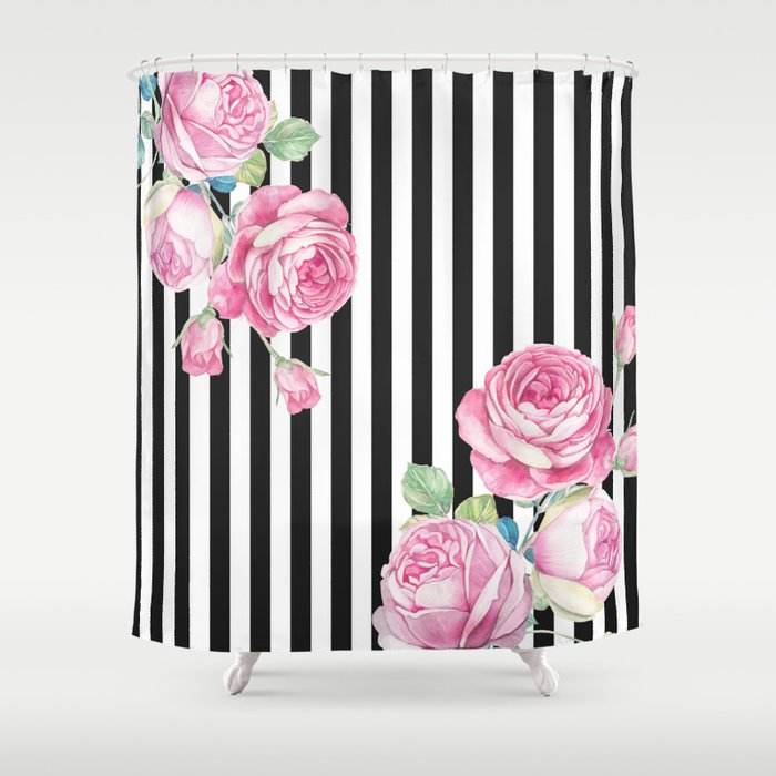 Black white blush pink watercolor floral stripes Shower Curtain Gallery Image 1