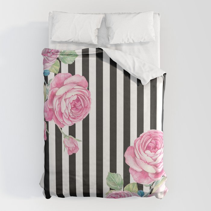 Black white blush pink watercolor floral stripes Duvet Cover Gallery Image 6
