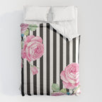 Black white blush pink watercolor floral stripes Duvet Cover Gallery Image 6