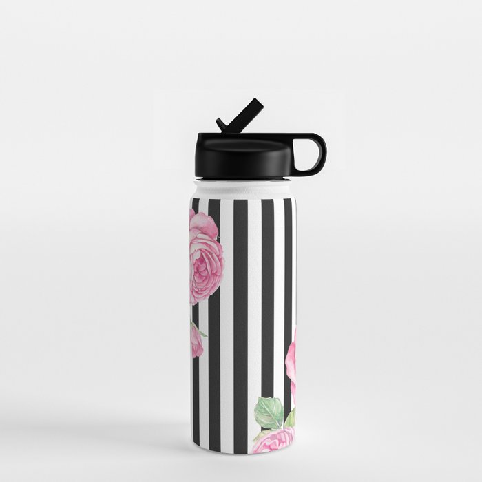 Black white blush pink watercolor floral stripes Water Bottle Gallery Image 1
