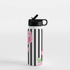Black white blush pink watercolor floral stripes Water Bottle Gallery Image 1